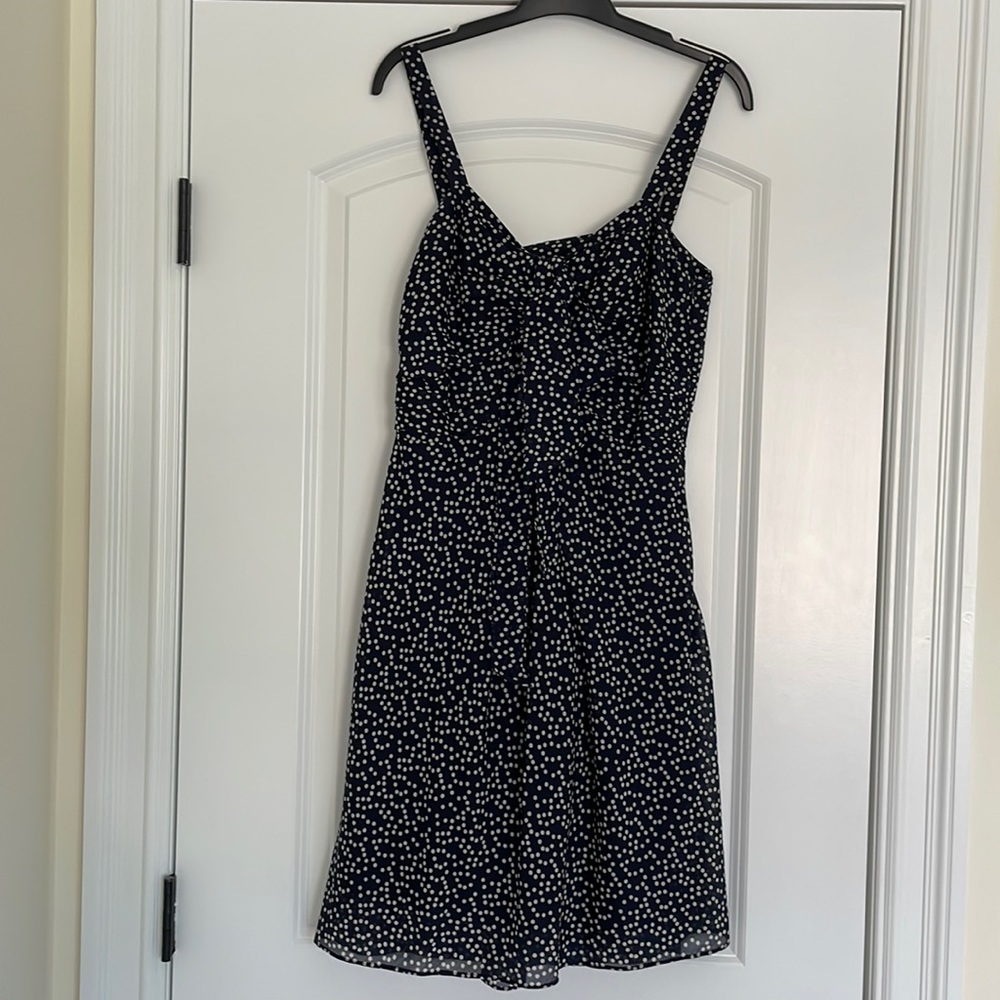 JCrew silk crepe navy polka dot dress
